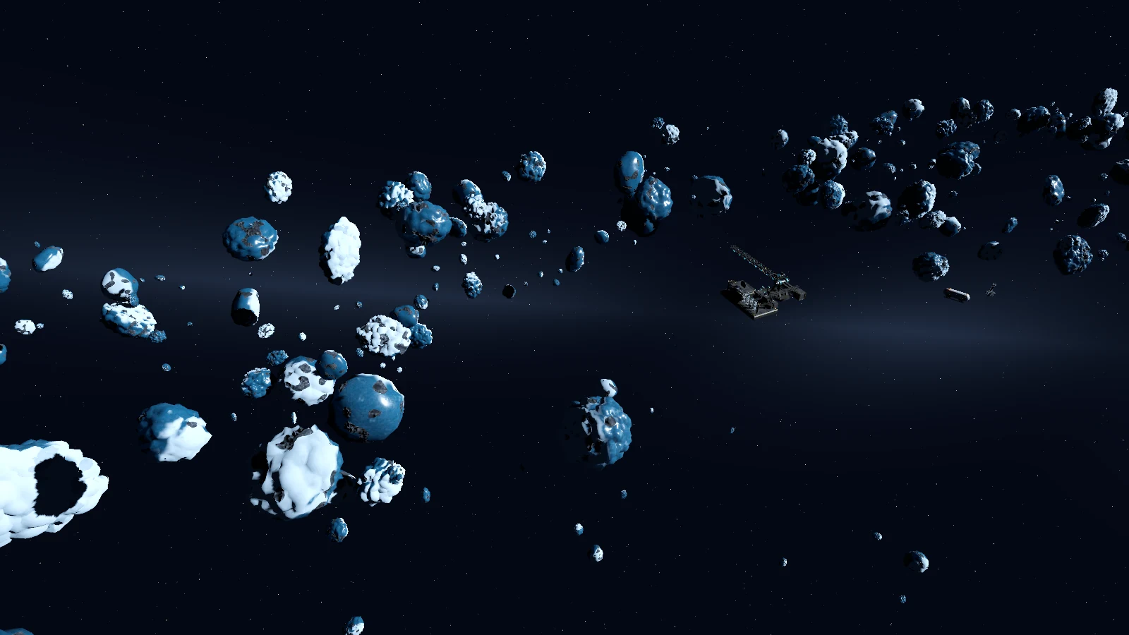 Bright frozen asteroids and deep shadows across a wide ice belt